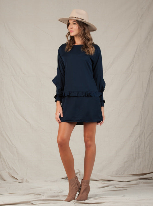 NOVA RUFFLE SHIFT DRESS-NAVY