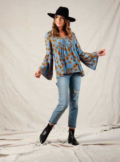 LAURA BELL SLEEVE TOP-BLUE GOLD FLORAL
