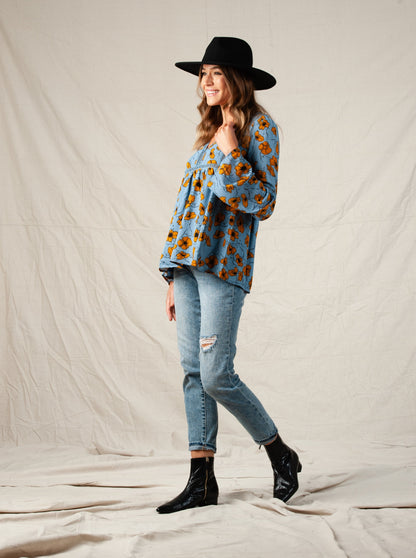 LAURA BELL SLEEVE TOP-BLUE GOLD FLORAL