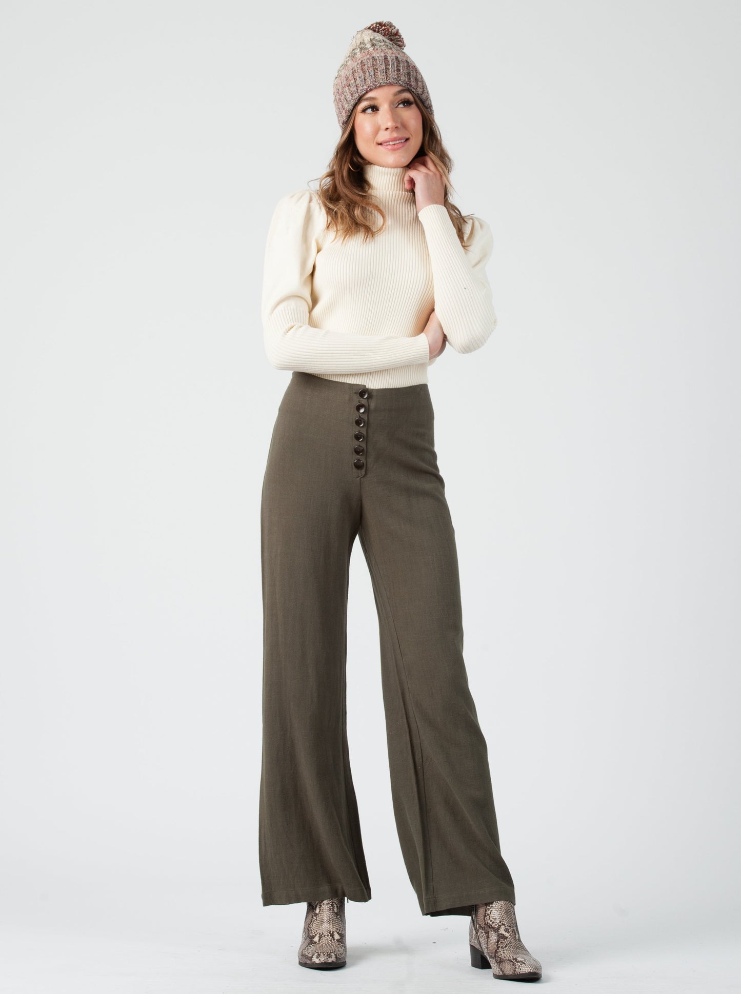 ENYO BUTTON FRONT WIDE LEG PANTS-OLIVE
