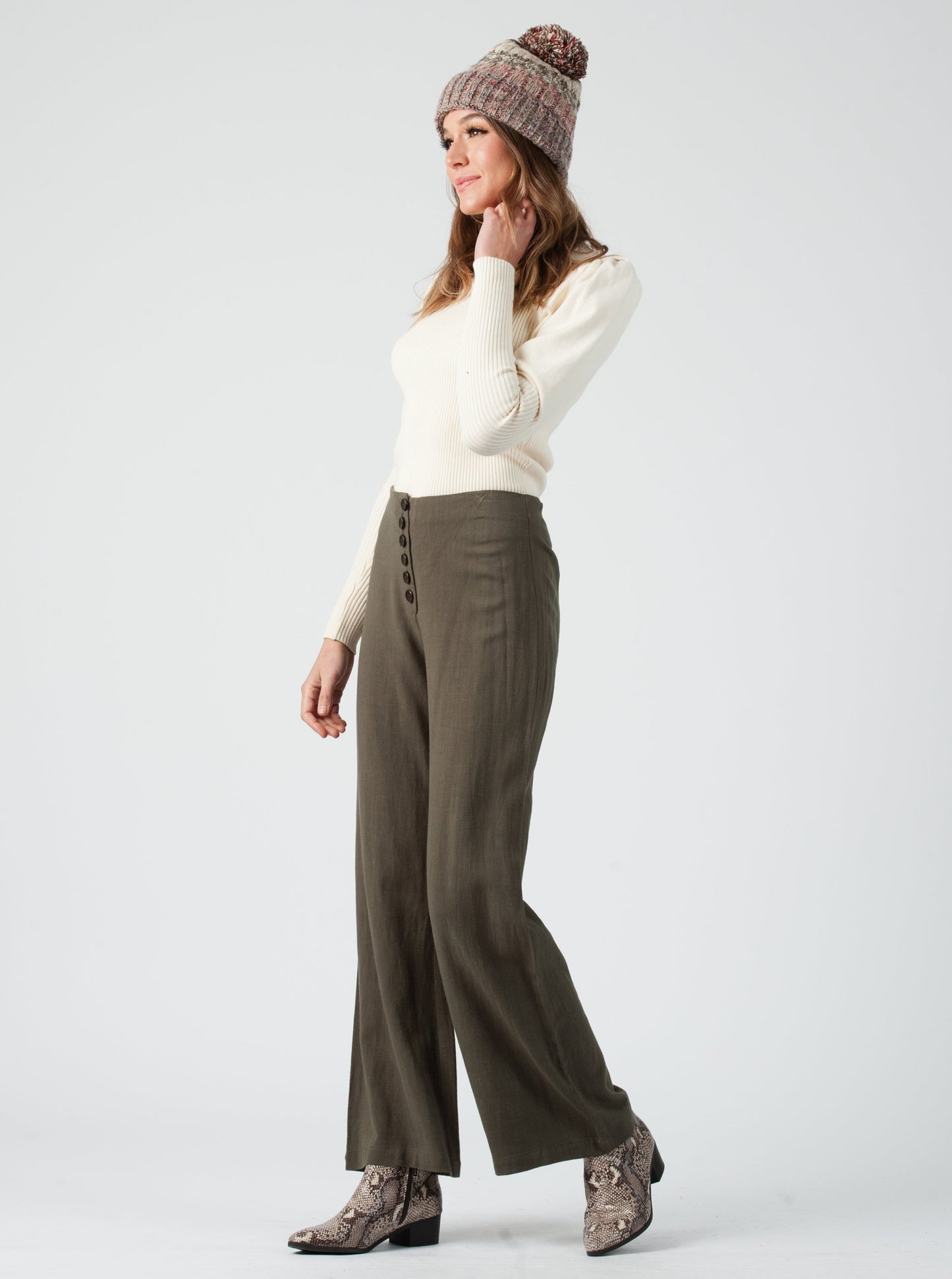 ENYO BUTTON FRONT WIDE LEG PANTS-OLIVE