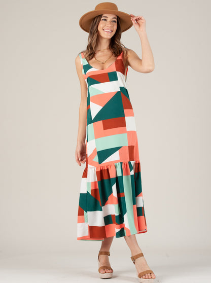 EMBER LOW BACK RUFFLE HEM DRESS-GREEN CORAL GEO