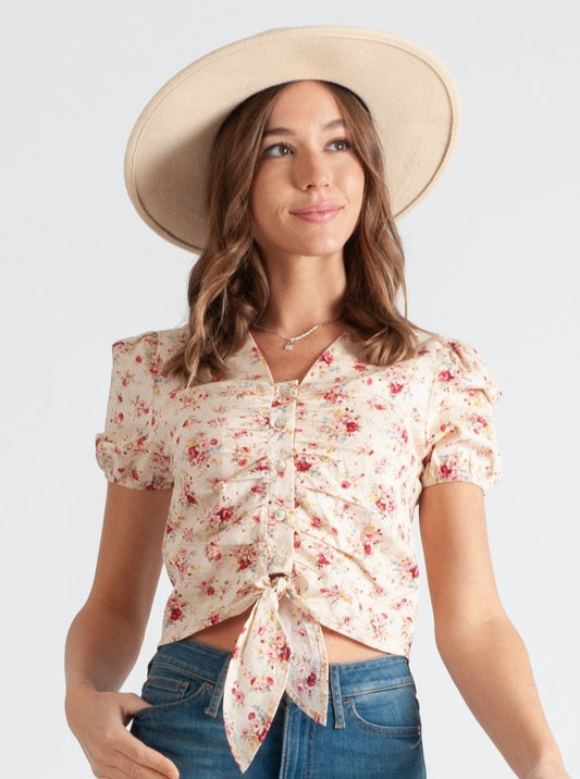 DAPHNE BUTTON TIE FRONT TOP-PEONY FLORAL