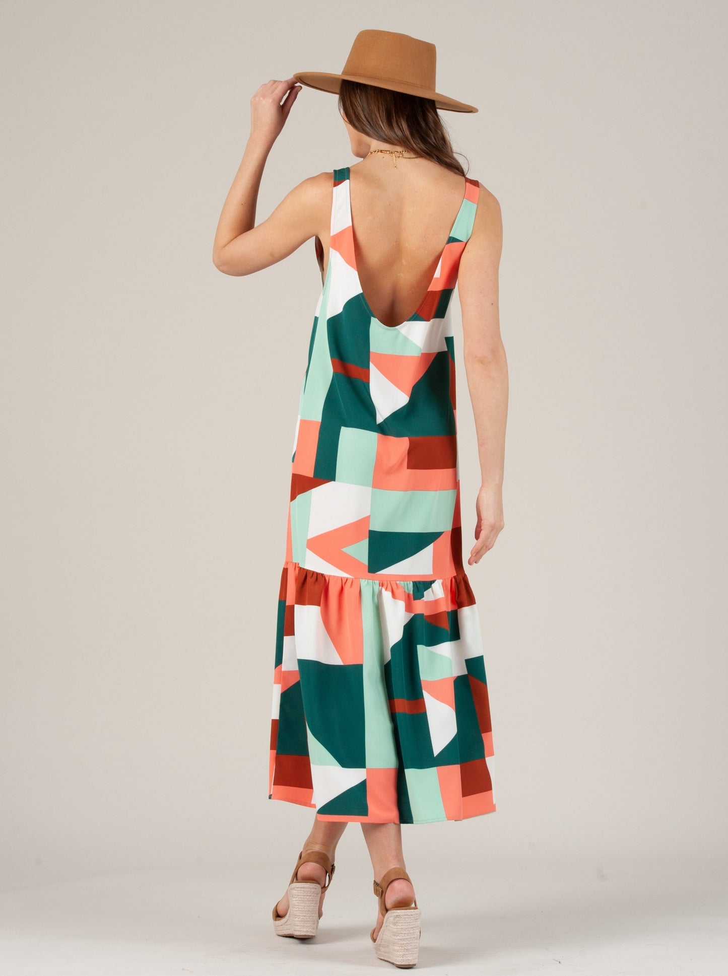 EMBER LOW BACK RUFFLE HEM DRESS-GREEN CORAL GEO