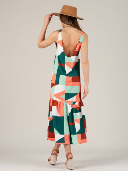 EMBER LOW BACK RUFFLE HEM DRESS-GREEN CORAL GEO