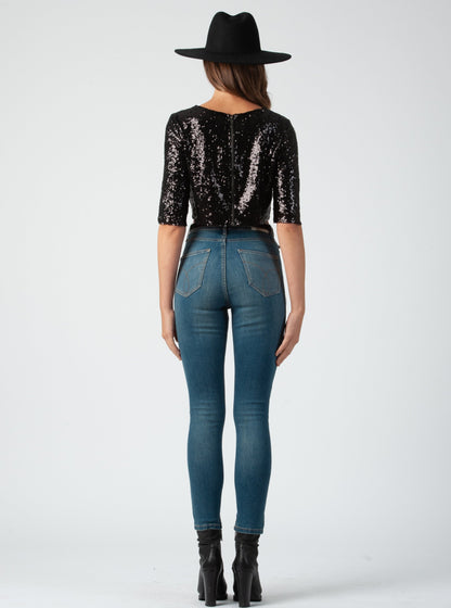FARREL 3/4 SLEEVE SEQUIN TOP-BLACK