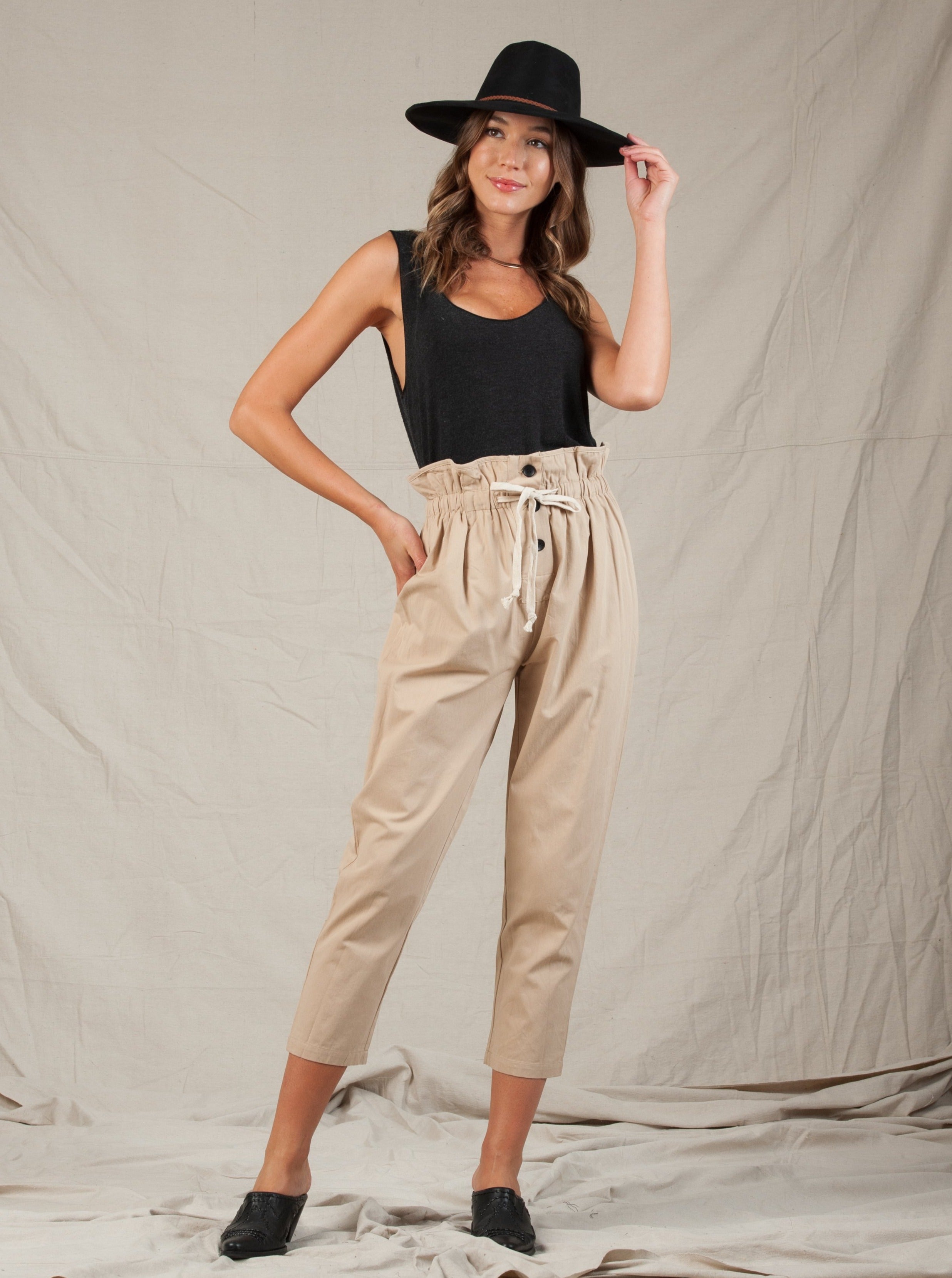 Urban Revivo paper bag waist trousers in beige  ASOS