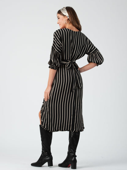 LENOX RUFFLED MAXI DRESS-BLACK TAN STRIPE
