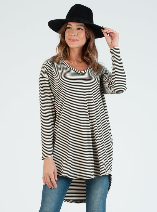 Linda Drop Shoulder BLK/IVORY STRIPE Lounge Slit Dress