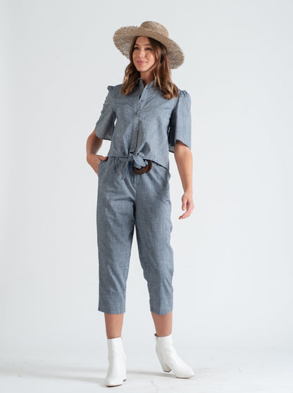 CALANTHE BELTED WAIST PANT-NAVY LINEN