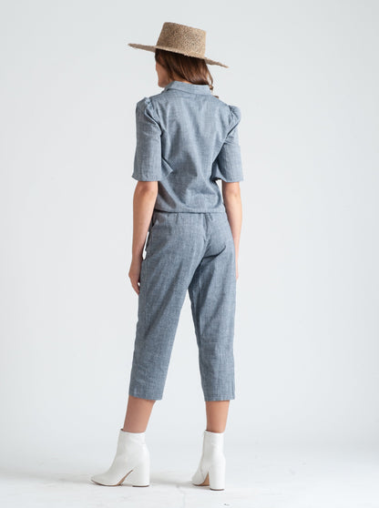 CALANTHE BELTED WAIST PANT-NAVY LINEN