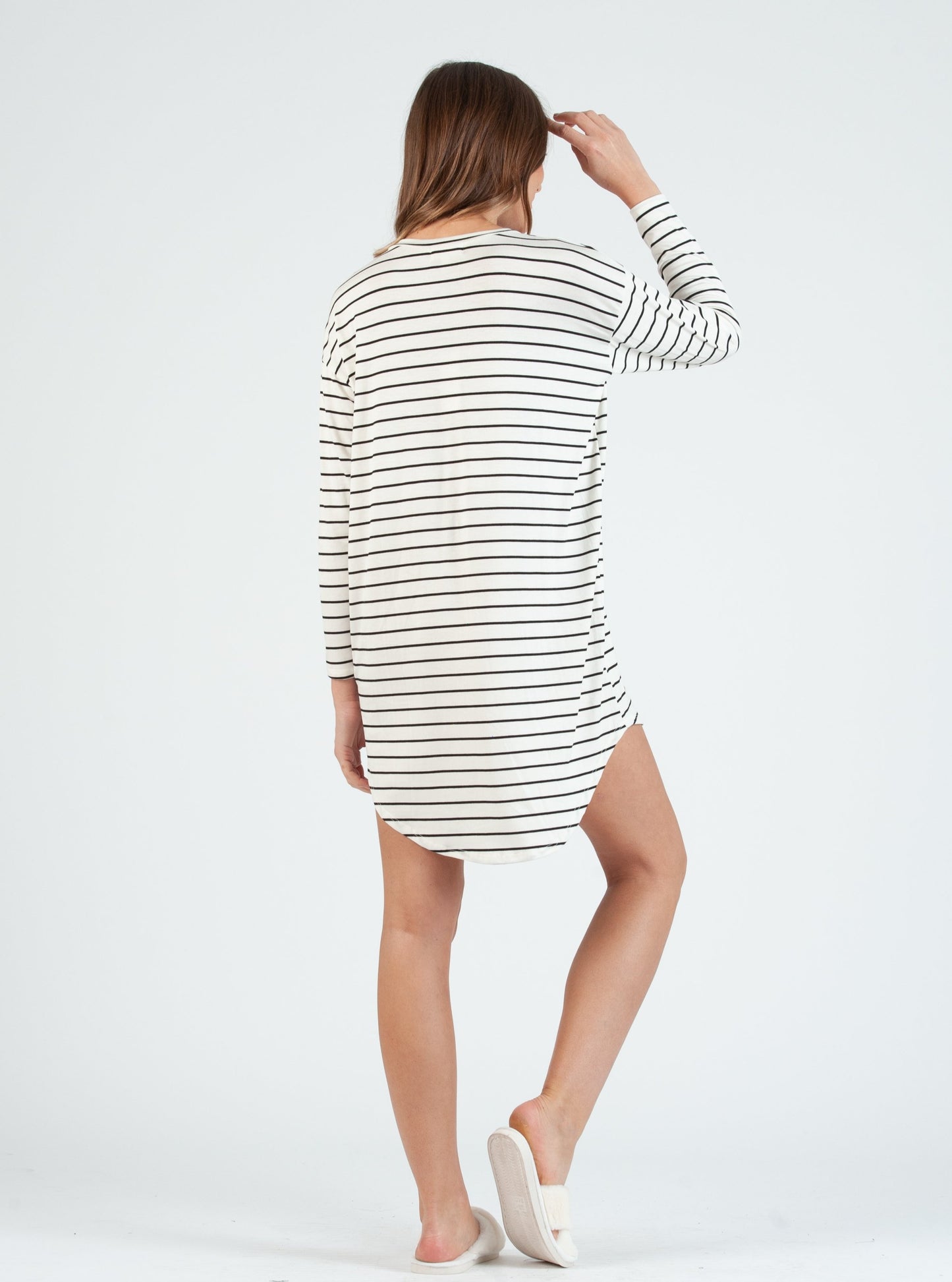 Linda Drop Shoulder White/Black Striped Lounge Slit Dress