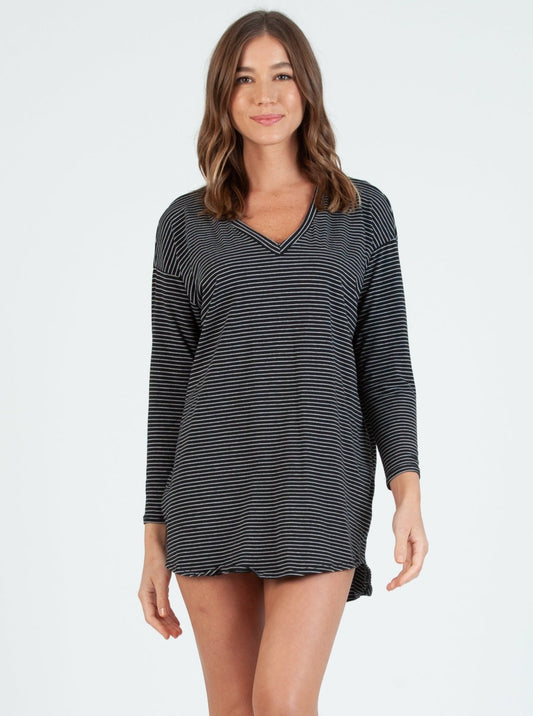 Linda Drop Shoulder Black/White Striped Lounge Slit Dress