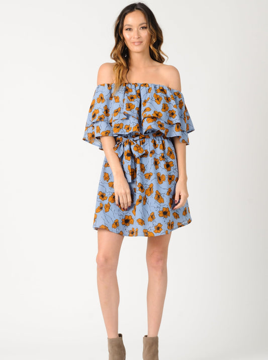 MARYBELLE OFF THE SHOULDER LAYERED DRESS-BLUE/GOLD