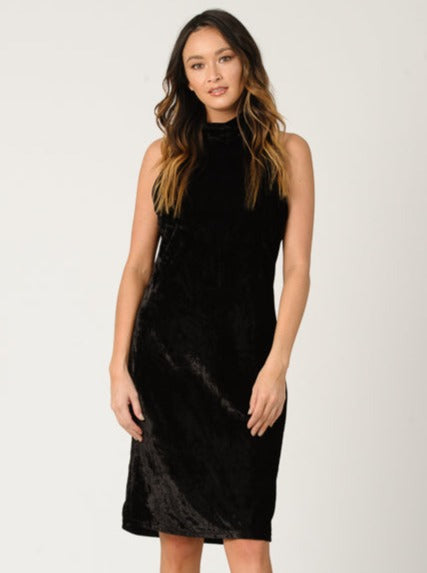 MILA MOCK NECK CRUSH VELVET DRESS-BLACK