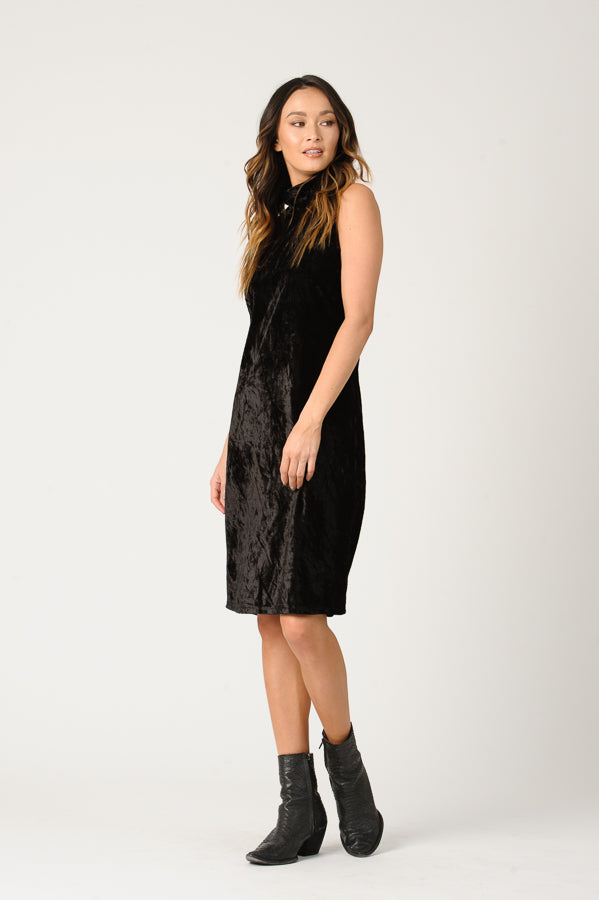 MILA MOCK NECK CRUSH VELVET DRESS-BLACK