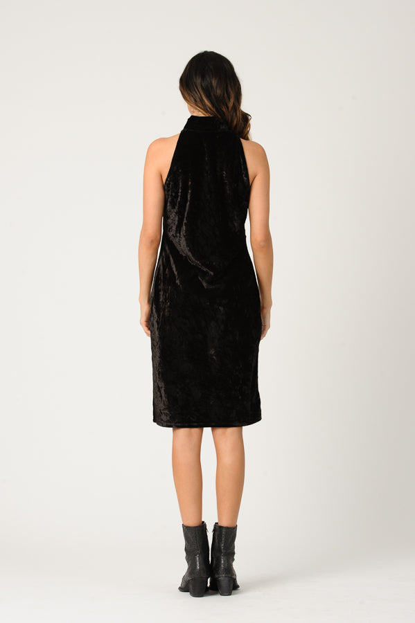 MILA MOCK NECK CRUSH VELVET DRESS-BLACK