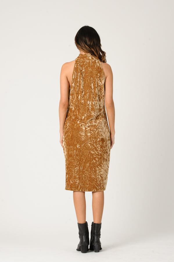 MILA MOCK NECK CRUSH VELVET DRESS-GOLD
