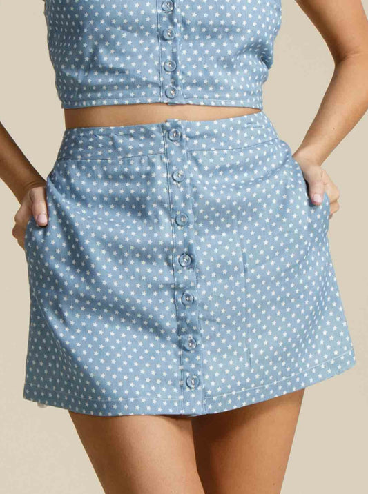 CHELSEA FRONT BUTTON SKIRT-OCEAN BLUE STAR