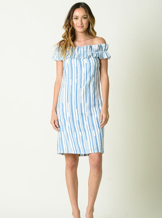 ANDREA OTS RUFFLED DRESS-BLUE STRIPE