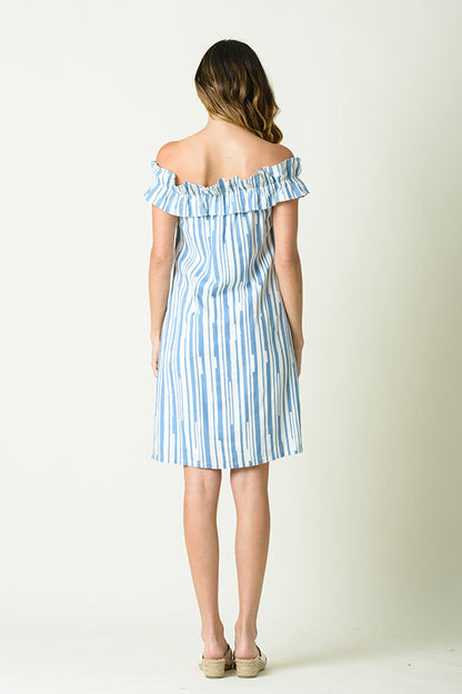 ANDREA OTS RUFFLED DRESS-BLUE STRIPE Lucca Couture ANDREA OTS RUFFLED DRESS-BLUE STRIPE Lucca Couture