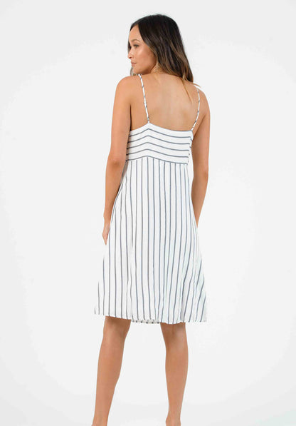 sweetheart sleeveless midi dress in stripe Off White and Navy Striped Sweetheart Midi Dress