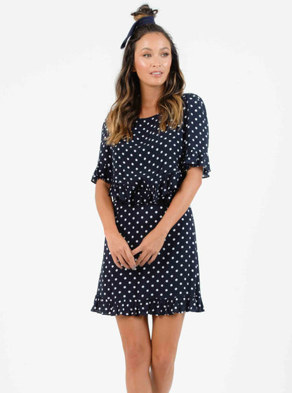 luscian plunge mini dress in micro polka navy Luscian Plunge Mini Dress in Micro Polka Navy