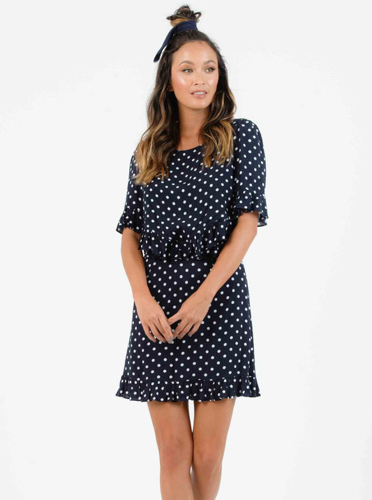 DAHLIA OPEN WAIST MINI DRESS-NAVY POLKA DOT