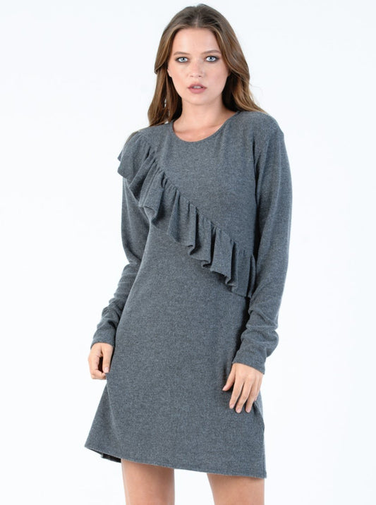 POLAR RUFFLE DRESS-CHARCOAL