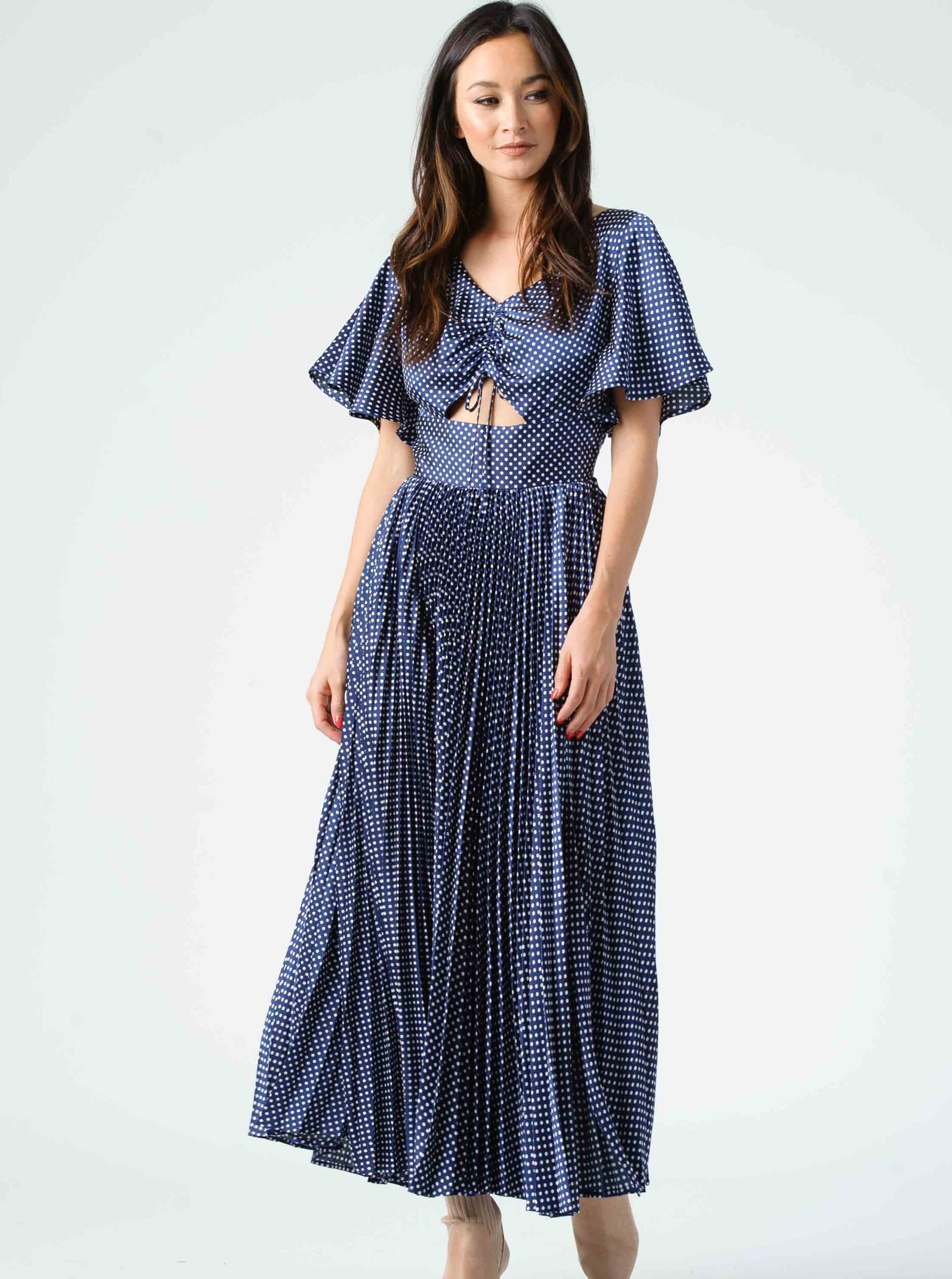 polka dot pleated midi dress Brown Polka Dot Pleated Midi Dress