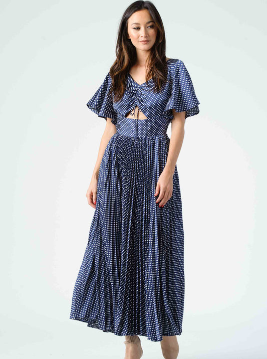 MEADOW PLEATED MIDI DRESS-NAVY POLKA DOT