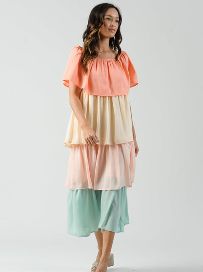 HELENE OFF THE SHOULDER TIERED DRESS-MELON BLOCK