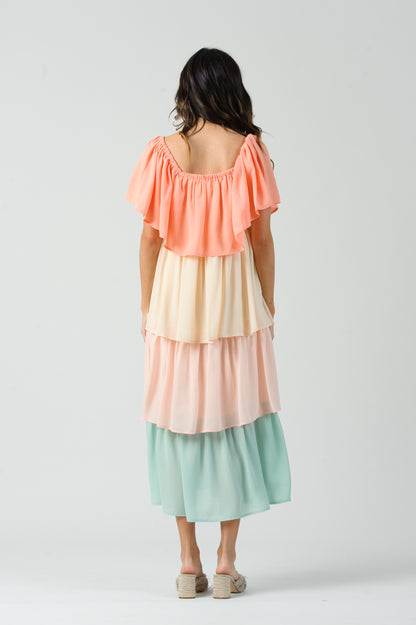 HELENE OFF THE SHOULDER TIERED DRESS-MELON BLOCK