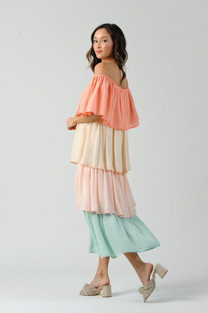 HELENE OFF THE SHOULDER TIERED DRESS-MELON BLOCK