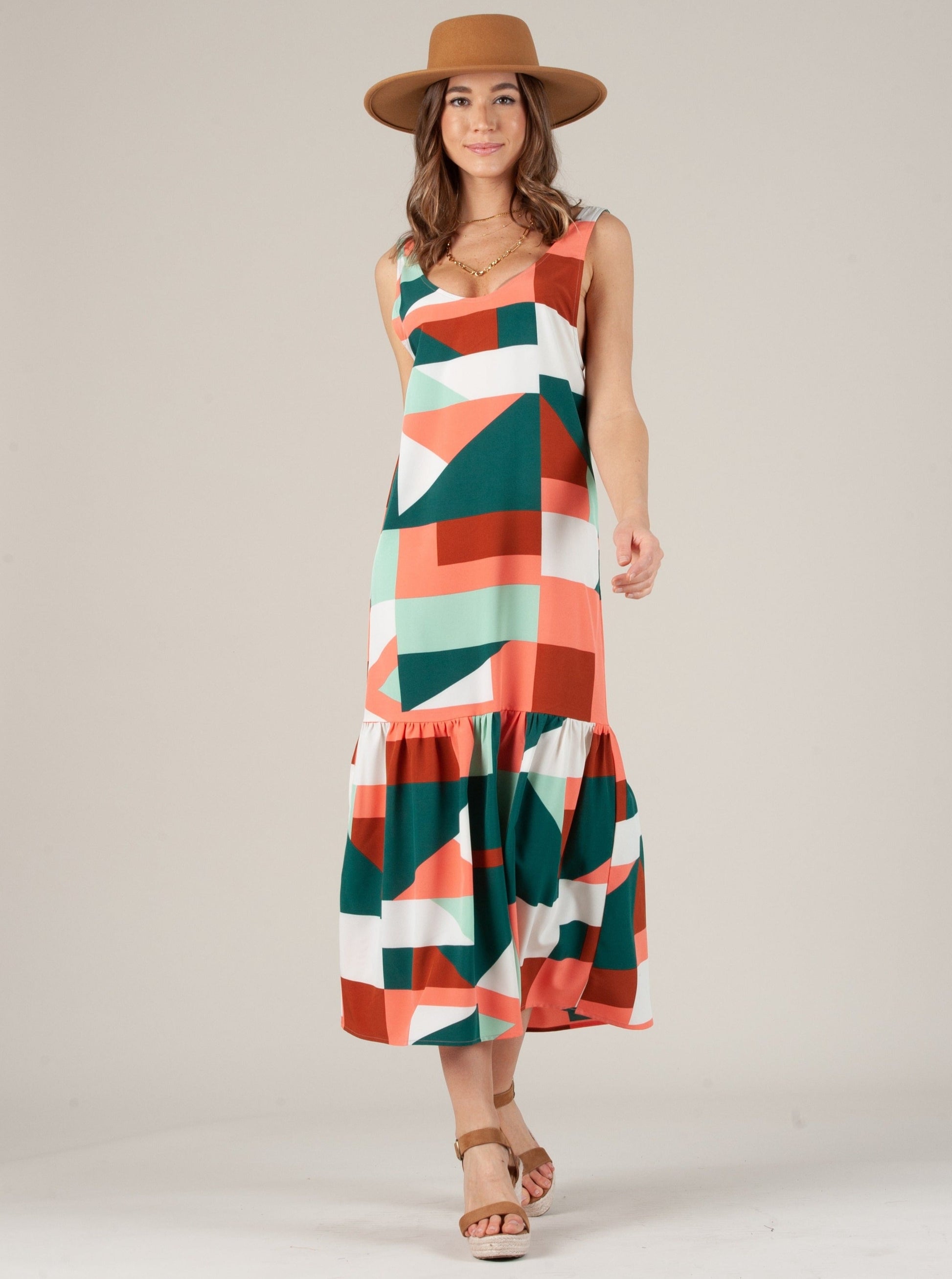 EMBER LOW BACK RUFFLE HEM DRESS-GREEN CORAL GEO Lucca Couture EMBER LOW BACK RUFFLE HEM DRESS-GREEN CORAL GEO Lucca Couture