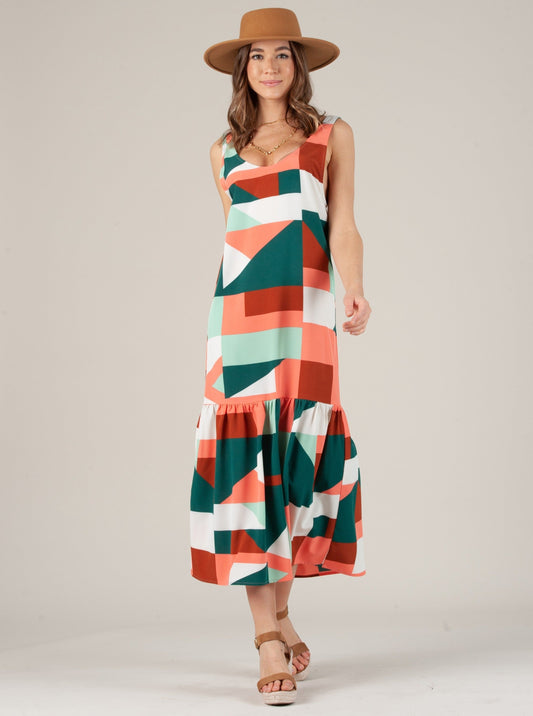 EMBER LOW BACK RUFFLE HEM DRESS-GREEN CORAL GEO