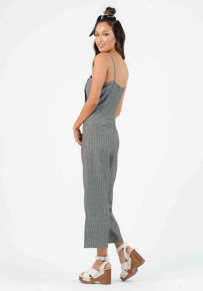 OHANA BUTTON DOWN JUMPSUIT | BLACK/RAINBOW STRIPE