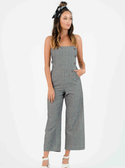 OHANA BUTTON DOWN JUMPSUIT | BLACK/RAINBOW STRIPE