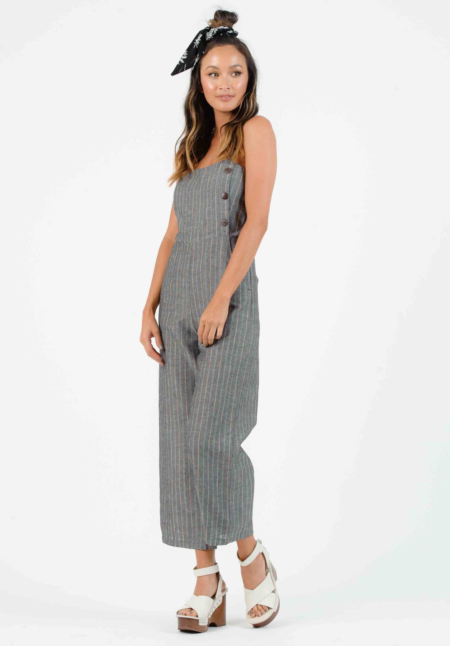 OHANA BUTTON DOWN JUMPSUIT | BLACK/RAINBOW STRIPE