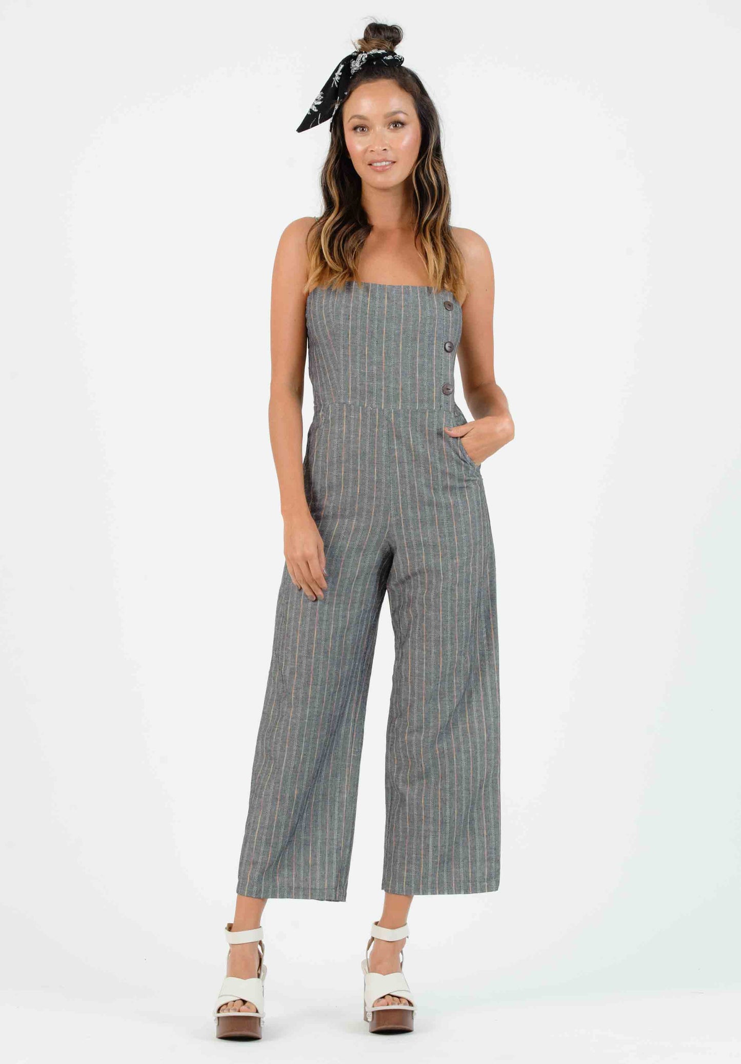 OHANA BUTTON DOWN JUMPSUIT | BLACK/RAINBOW STRIPE