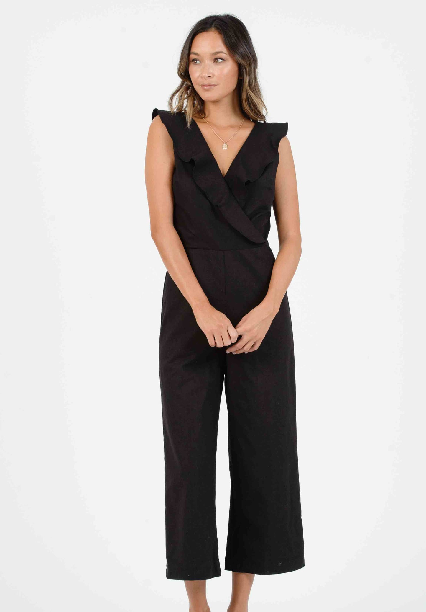 MAUI CROSS RUFFLE JUMPSUIT-BLACK