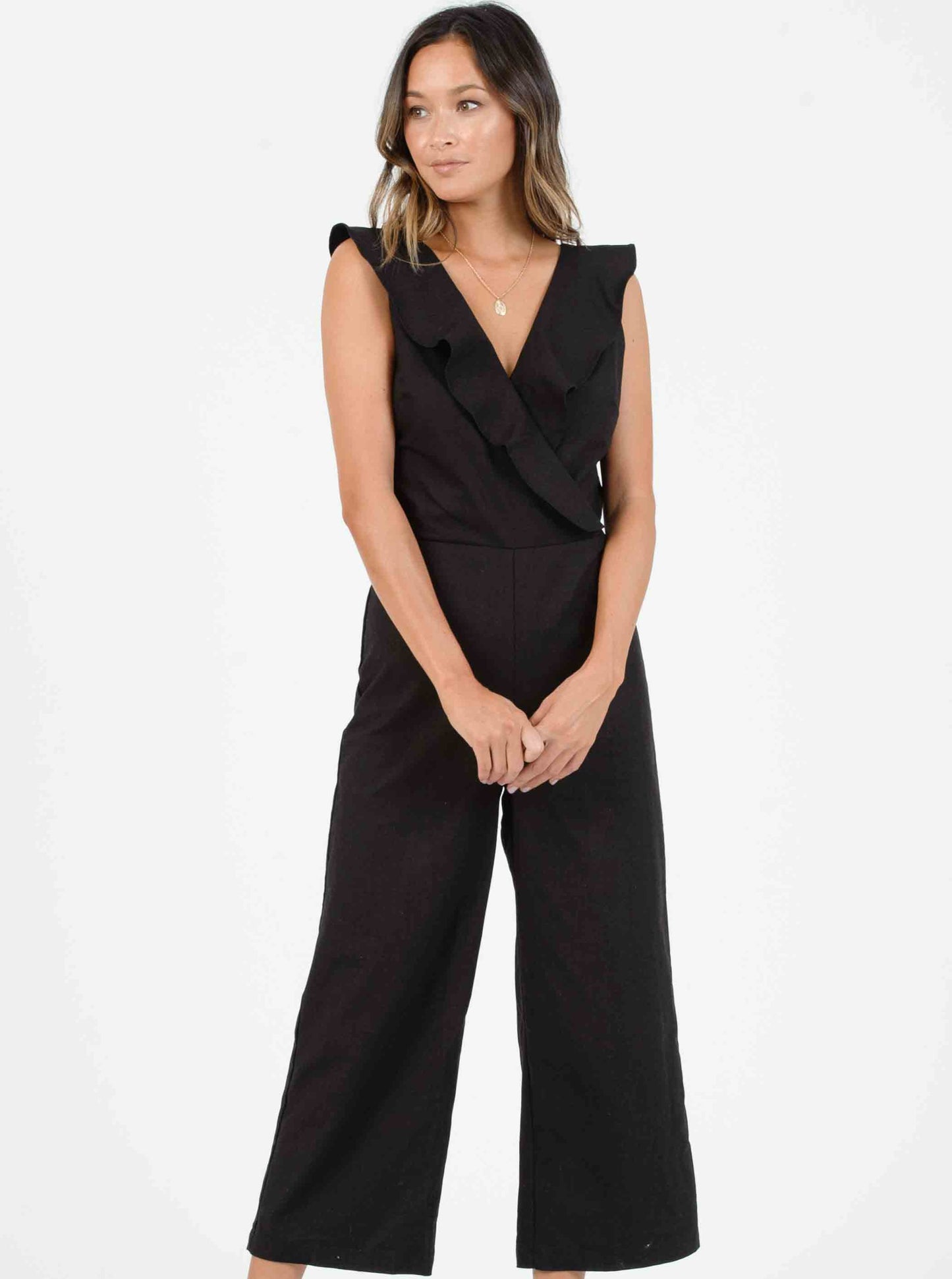 MAUI CROSS RUFFLE JUMPSUIT-BLACK