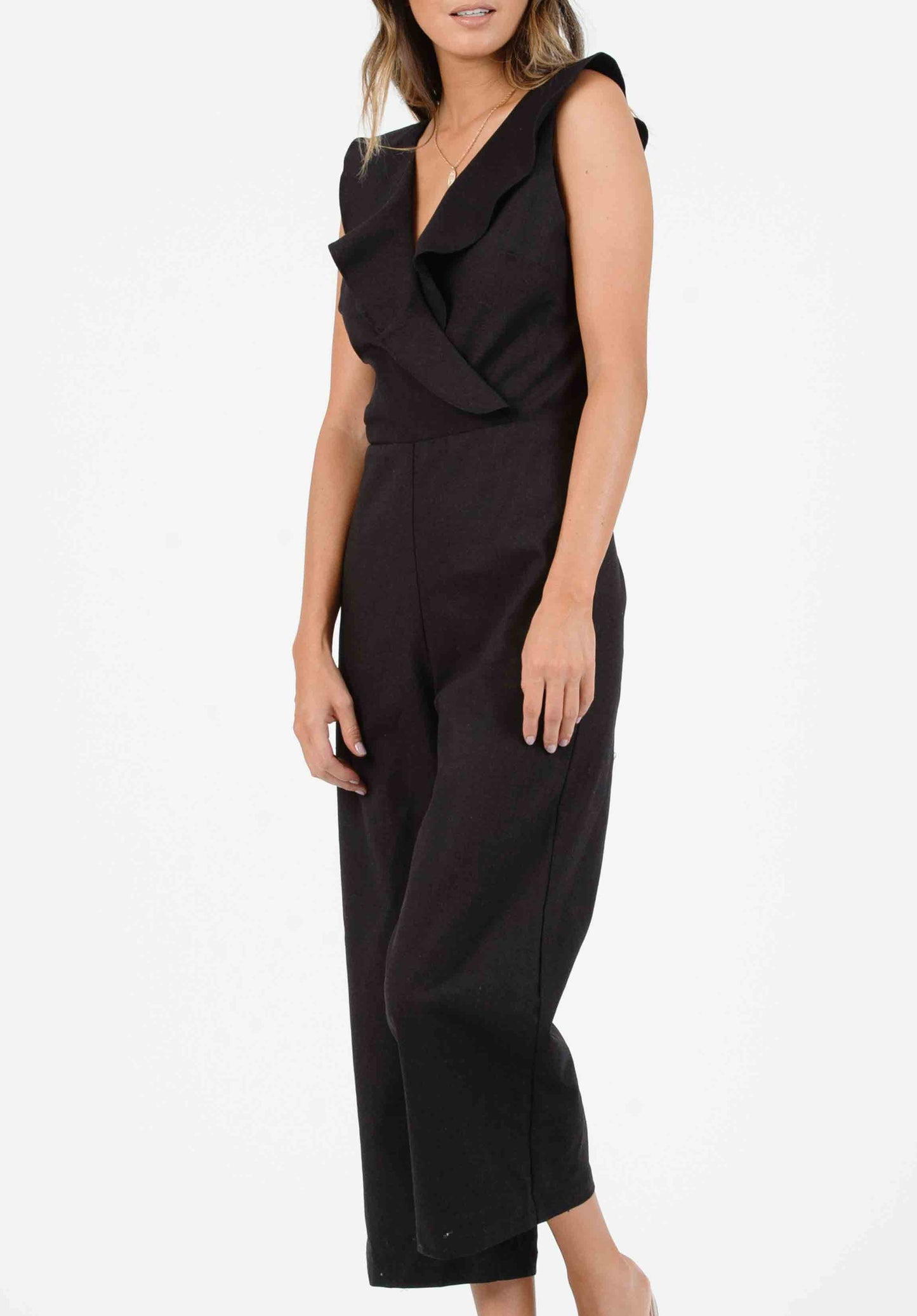 MAUI CROSS RUFFLE JUMPSUIT-BLACK