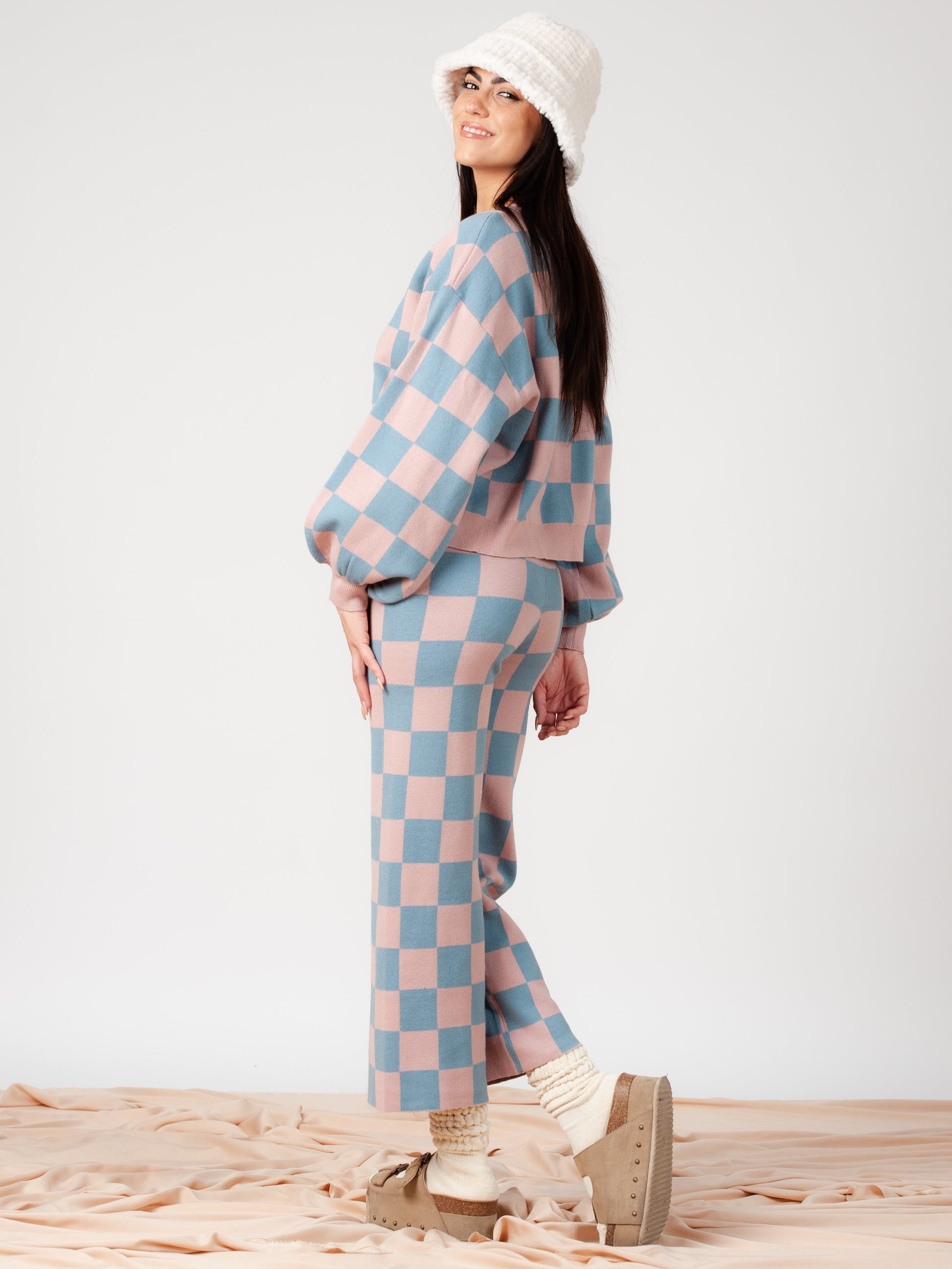 CHECKMATE SWEATER AND PANT SET-MAUVE BLUE – Lucca Couture