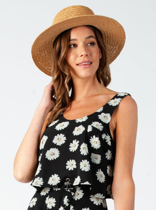 DAISY CROP TANK TOP-BLACK DAISIES