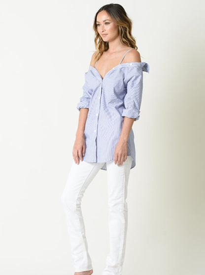 REESE COLD SHOULDER BUTTIN UP SHIRT-BLUE STRIPE