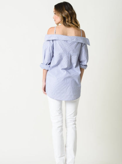 REESE COLD SHOULDER BUTTIN UP SHIRT-BLUE STRIPE