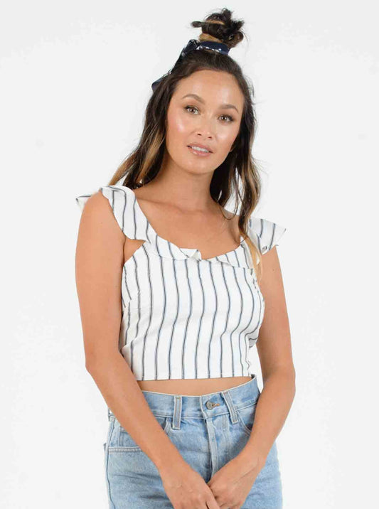 DIANA RUFFLE TIE BACK BLOUSE-WHITE/NAVY STRIPE