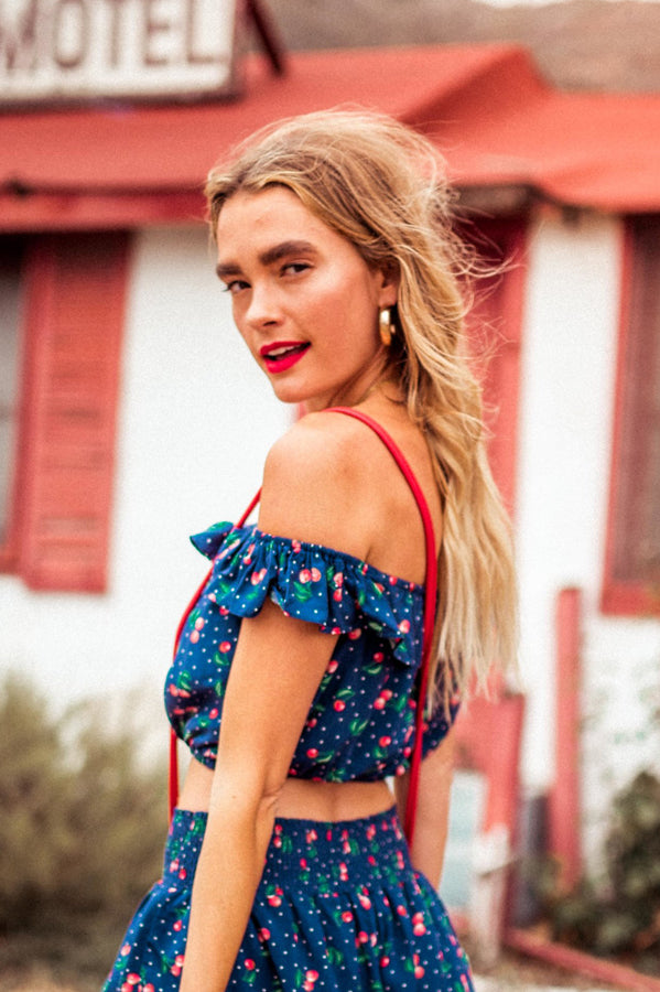 JULIET OTS CROP TOP-NAVY CHERRY