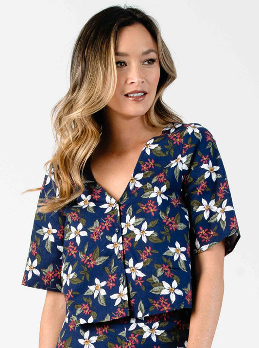 ALISON BUTTON UP CROP TOP-NAVY FLORAL